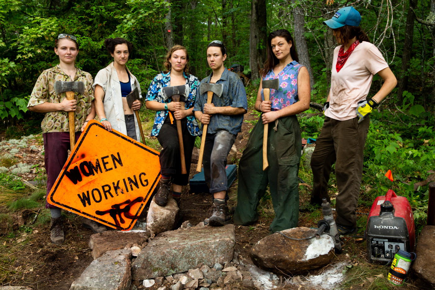 The Adirondack Trail Crew, from left: Char, Crandy, Nami, Nips, Two-Scent, and Kirby.