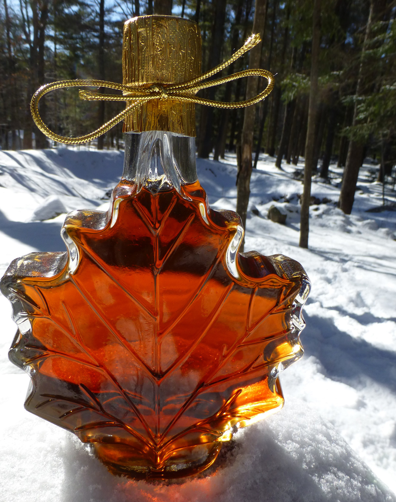 Real Adirondack maple syrup in the famous glass maple leaf jar, made from Eckert's Tree Farm!