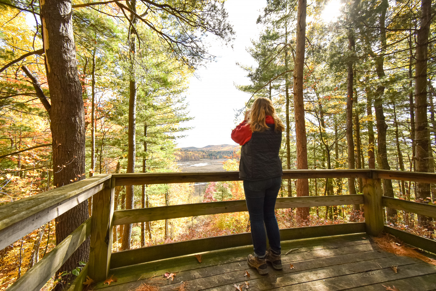 A woman with blonde hair looks through binoculars at a lookout over a marsh in fall.