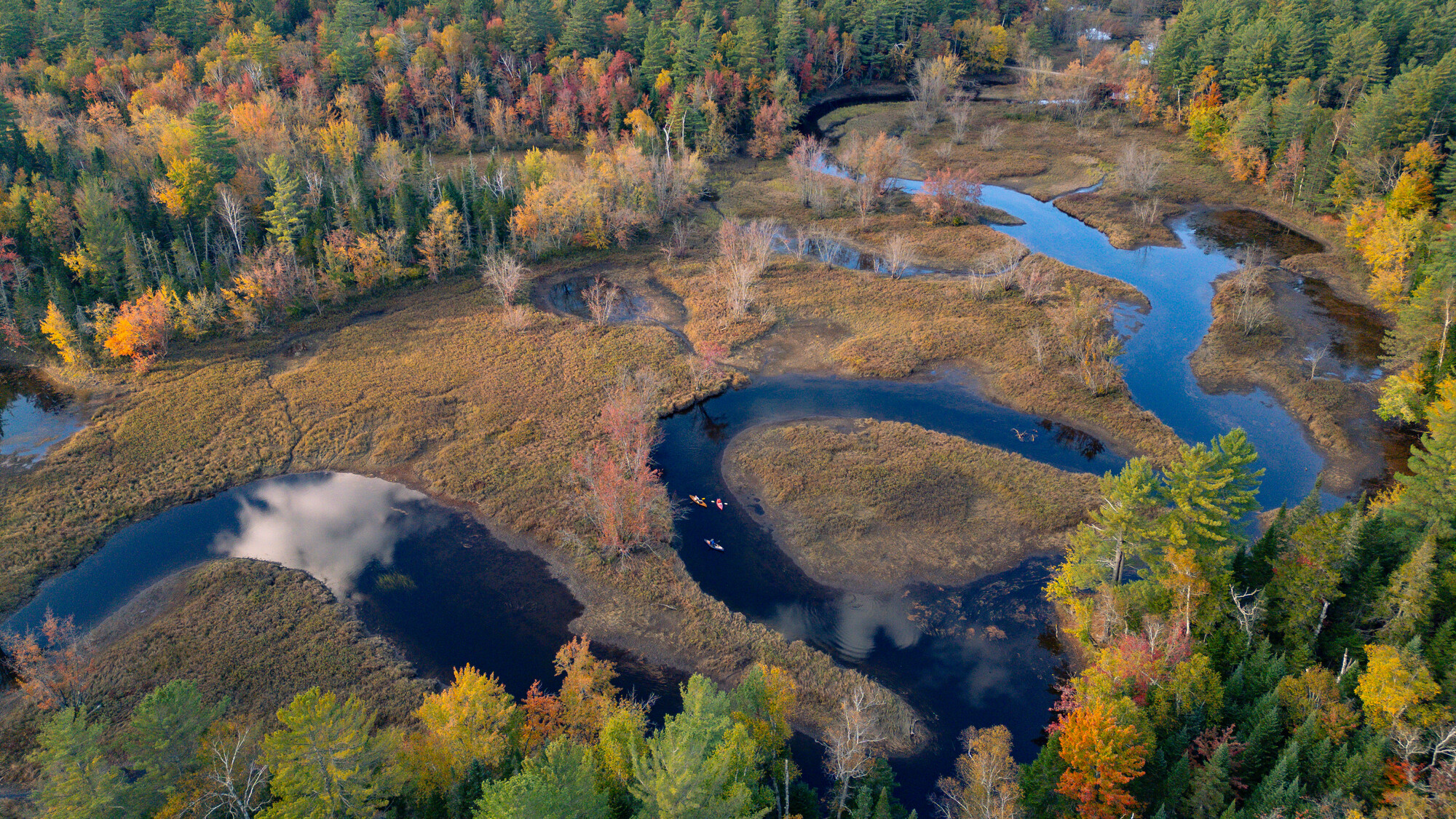 Aerial view of the winding Raquette River