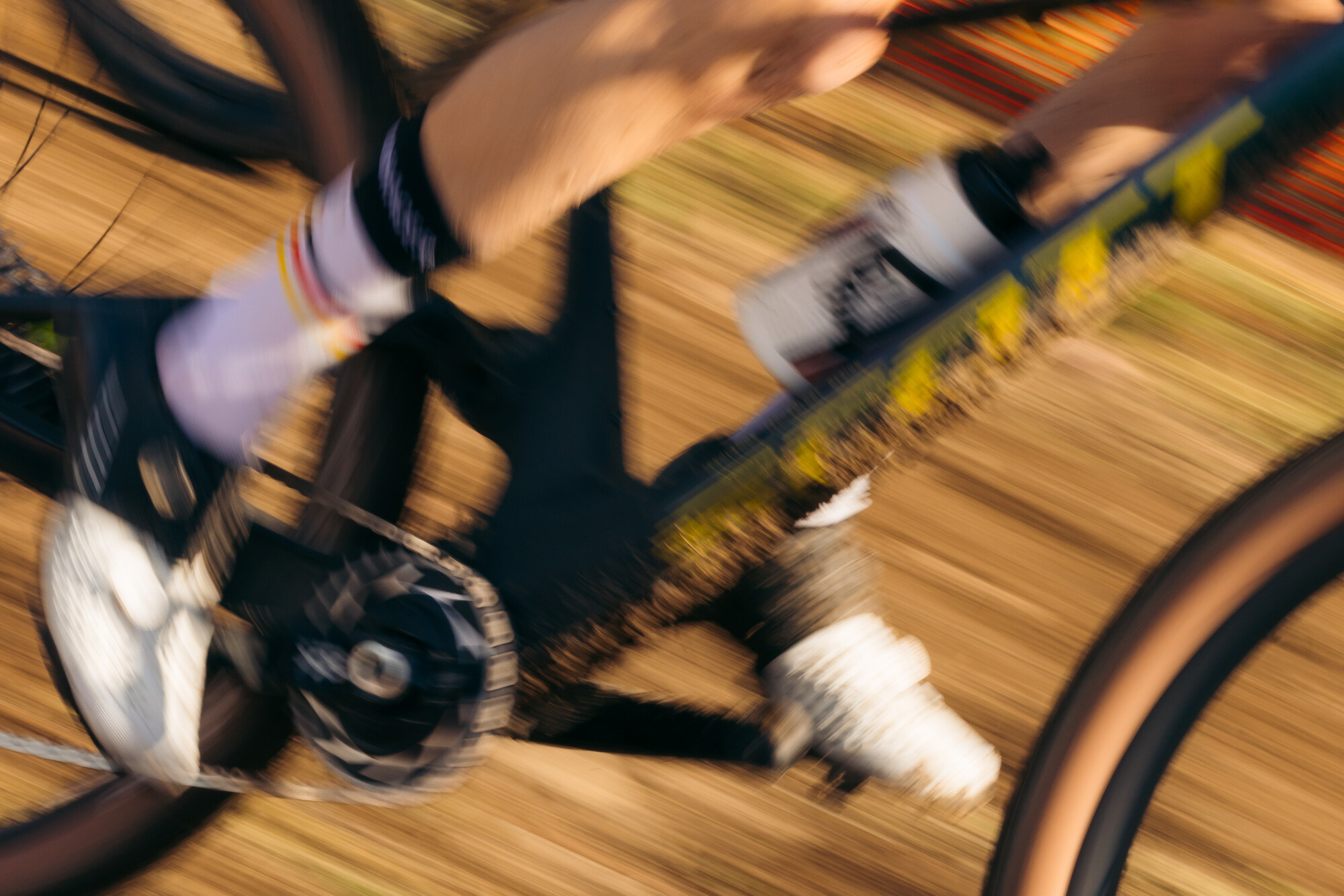 Close up of a mountain bikers feet and bike