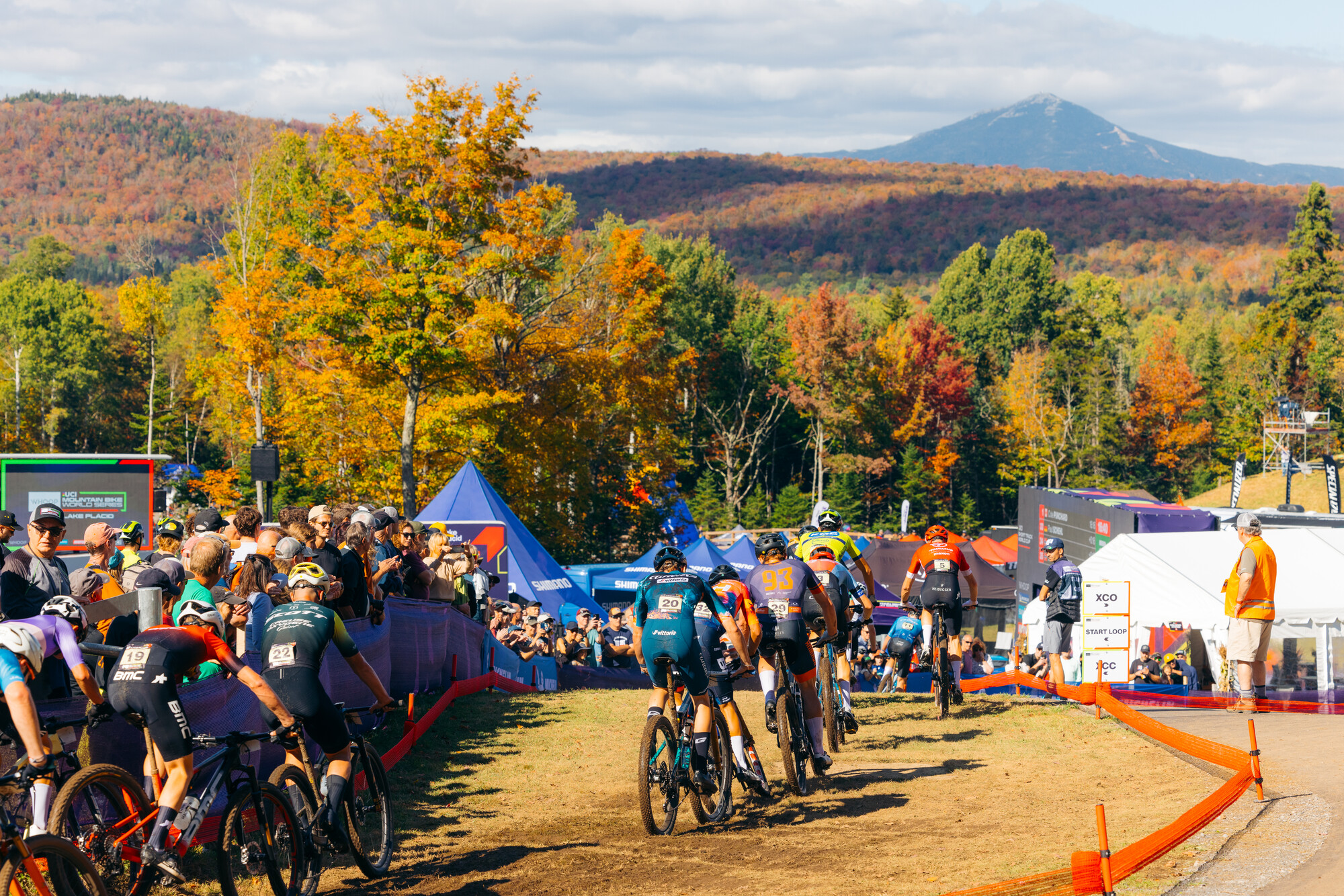 Mountain bikers racing 