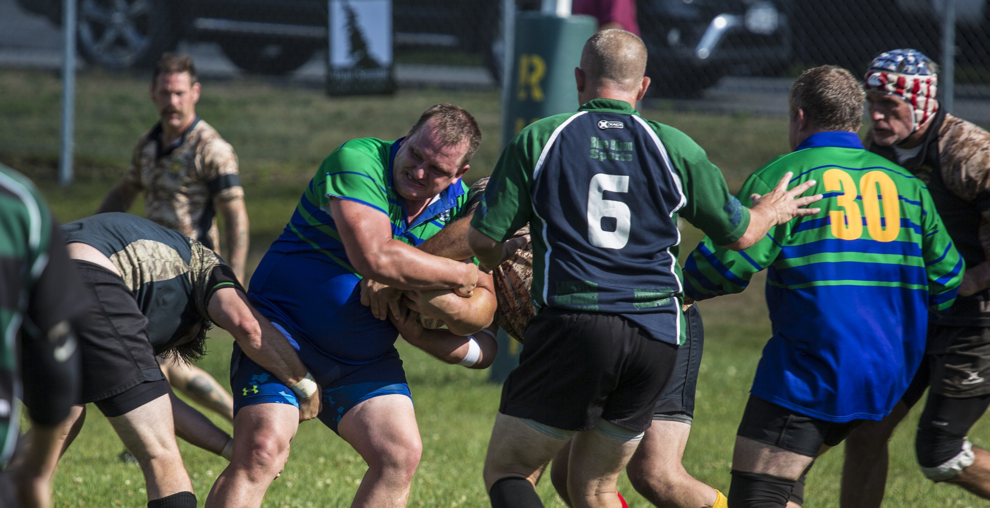 A rugby match in action