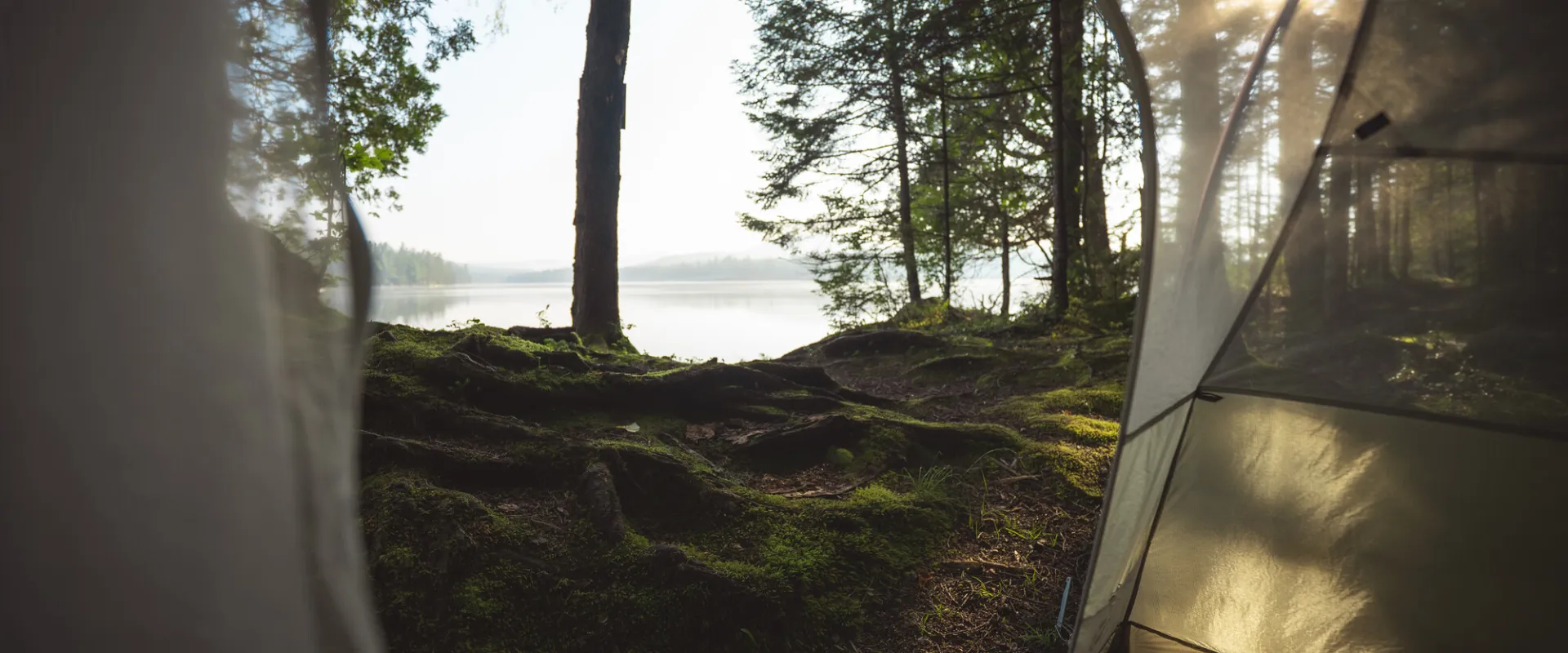 Looking out at a lake from the inside of a tent