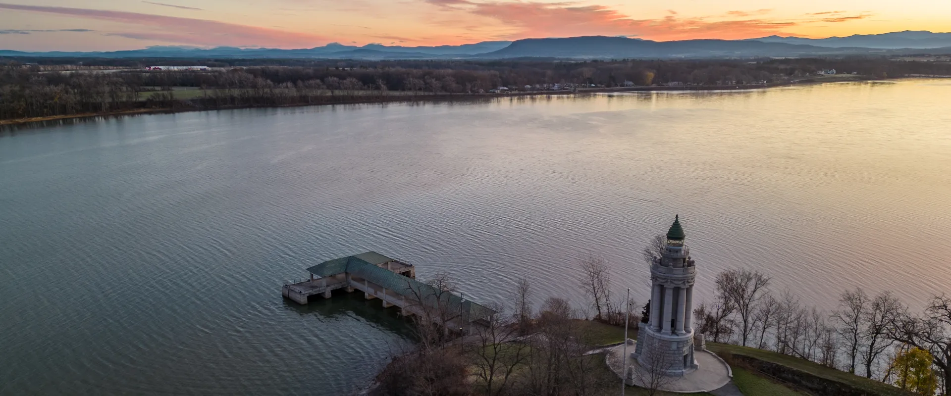 Aerial view of a lighthouse on Lake Champlain