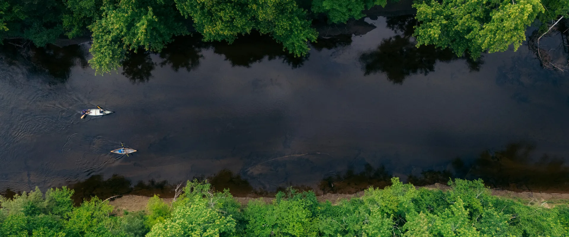 Two people on canoes from the air