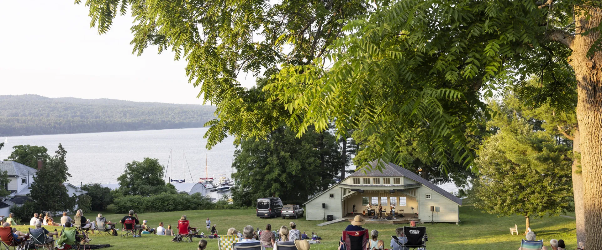 A group of people watch a concert in a park. 