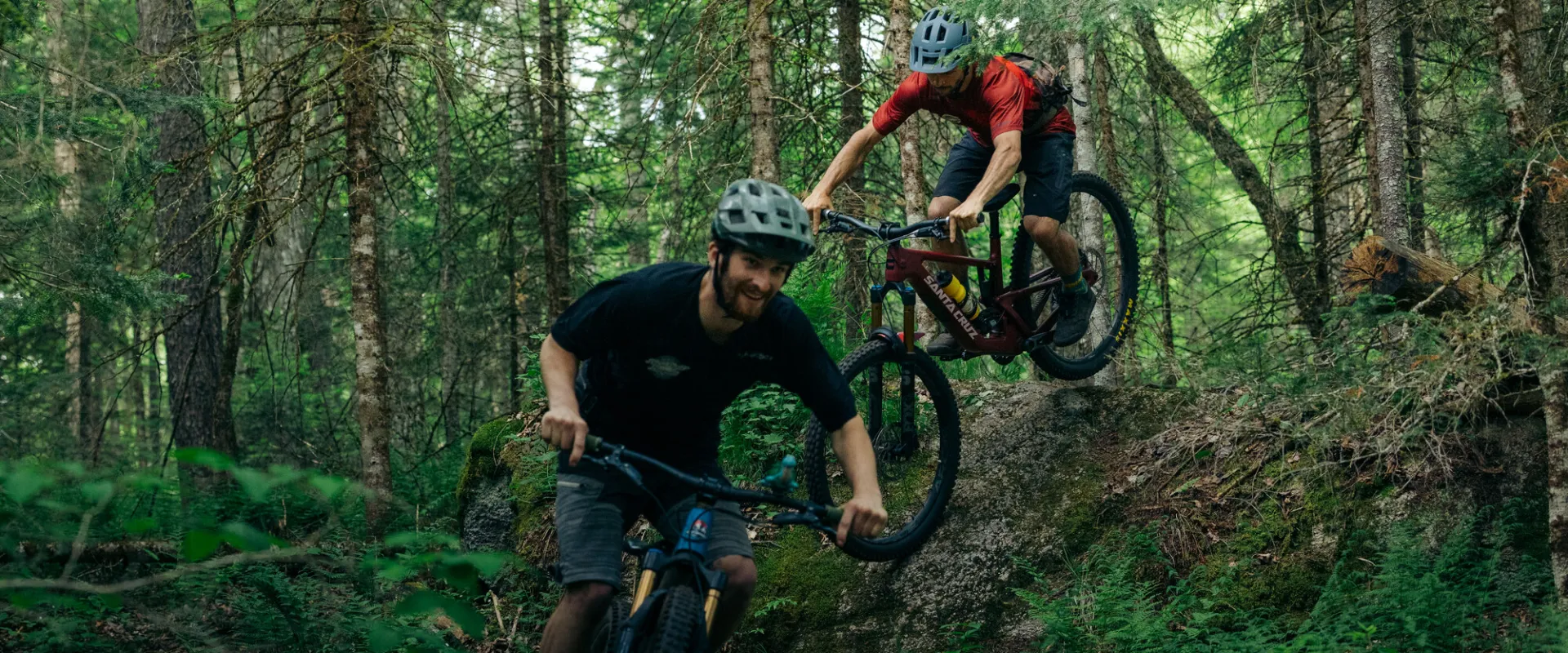 Two men mountain bike through woods. 