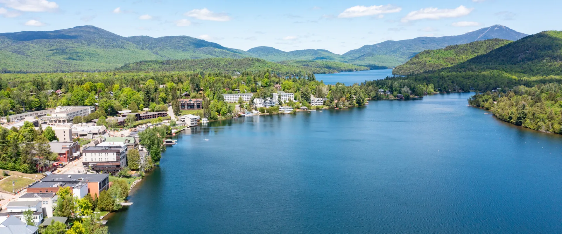 A small town alongside a Lake. 