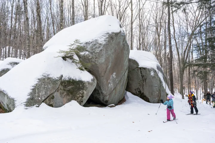 A family xc skiing by big boulders