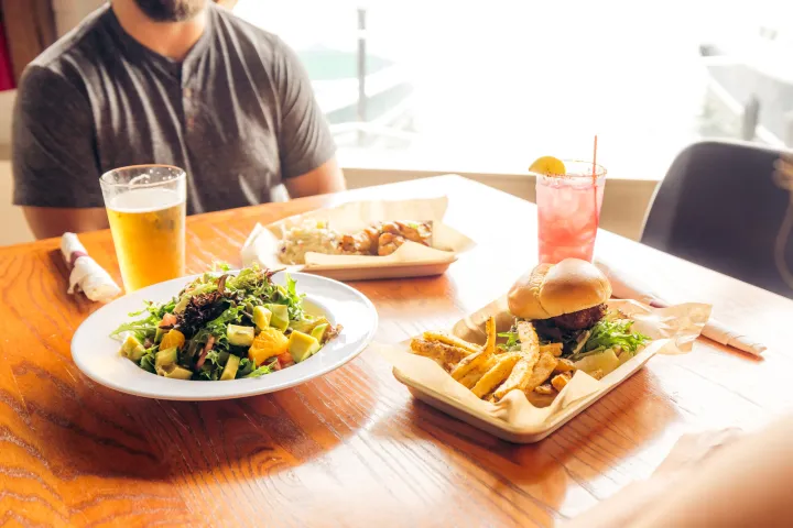 A table of American food and drinks