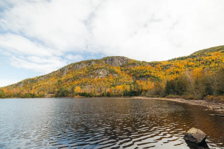 A pond below large cliffs in the autumn