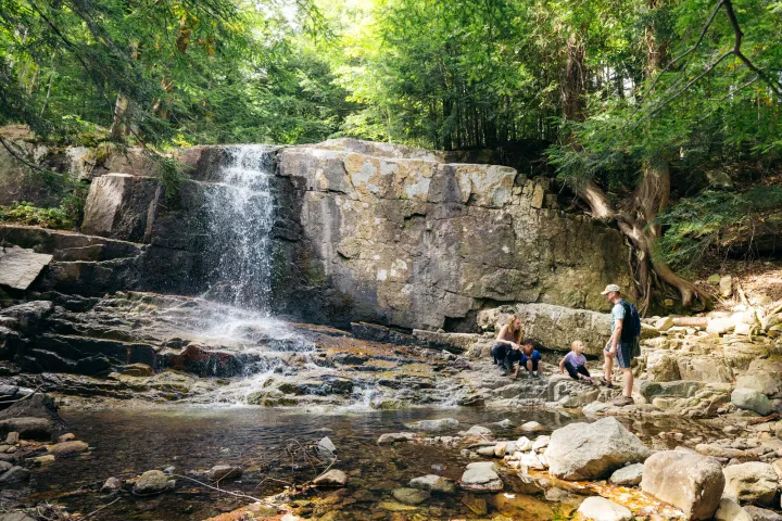 A family next to a short, rectangular falls