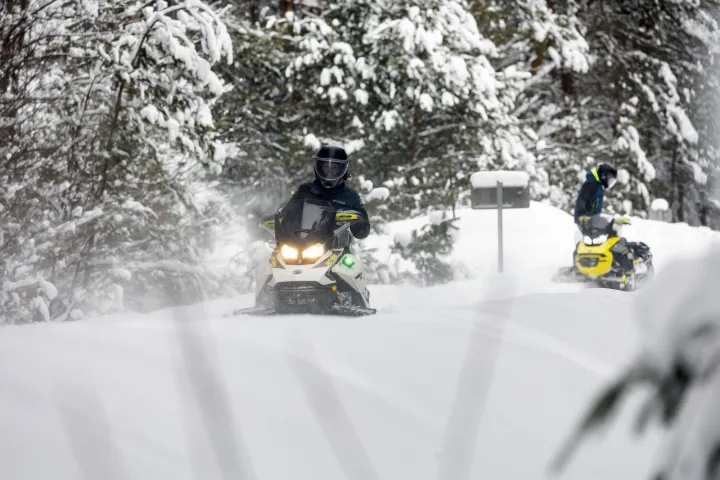 Two snowmobilers in the woods on a rail trail