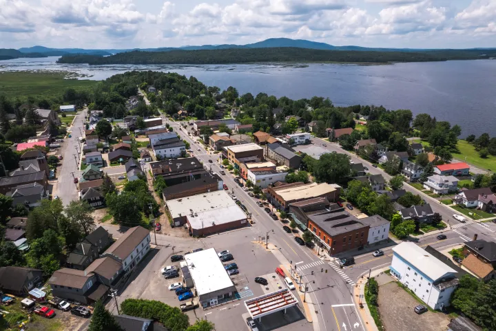 Aerial view of a main street in Tupper Lake