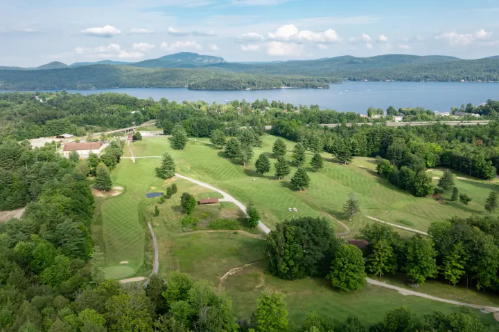 Aerial view of a lakeside golf course