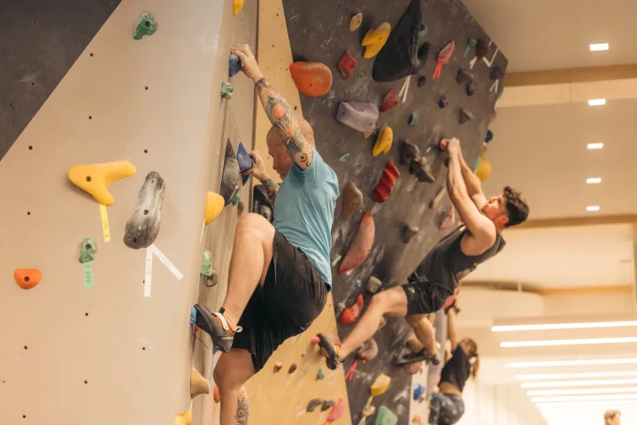 Climbers bouldering on an indoor wall