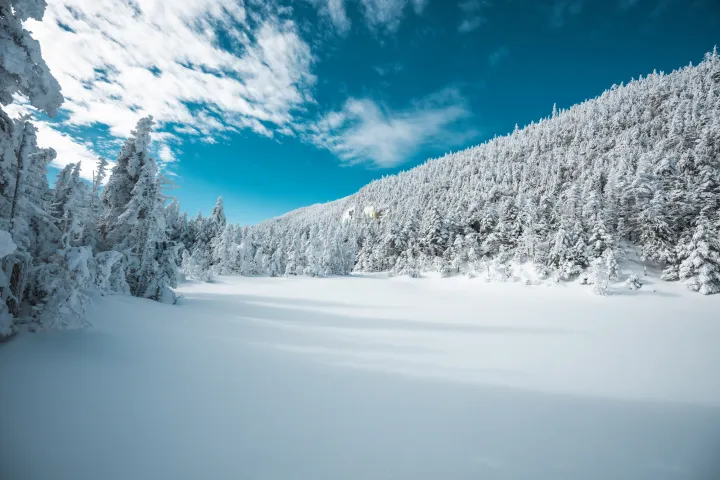 A winter landscape with a frozen mountain pond