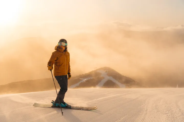 A skier standing on the summit in the morning light
