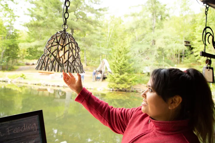 A woman in a pink shirt reaches out toward a metal, twig-inspired lamp hanging in front of a pond and trees.