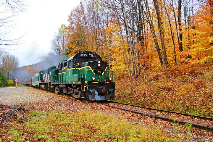 A locomotive with green, gold, and black livery passes through a forest of vibrant orange and red foliage.