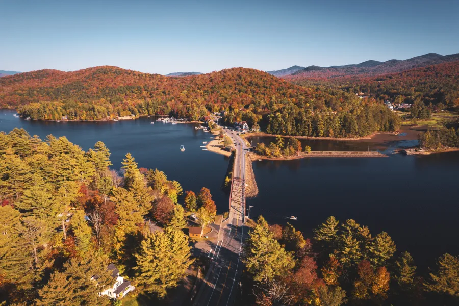 An aerial view of Long Lake in the fall