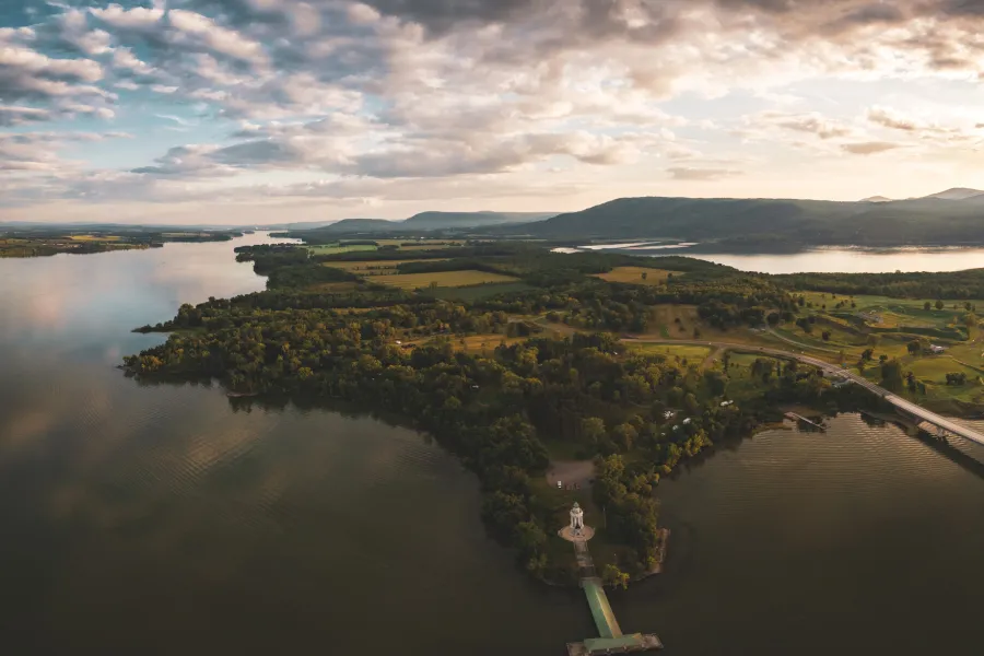 A aerial view of Crown Point's bridge and monuments
