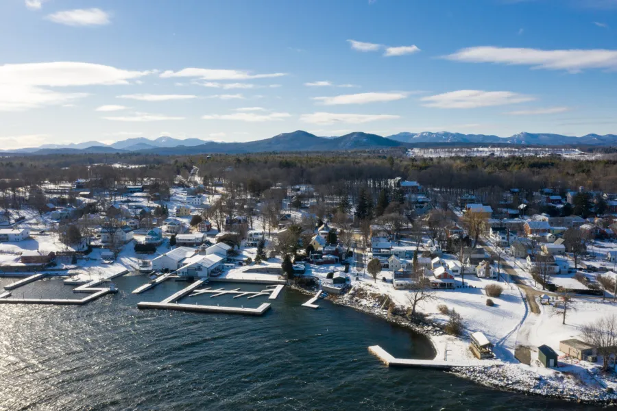 Aerial view of Lake Champlain in the winter