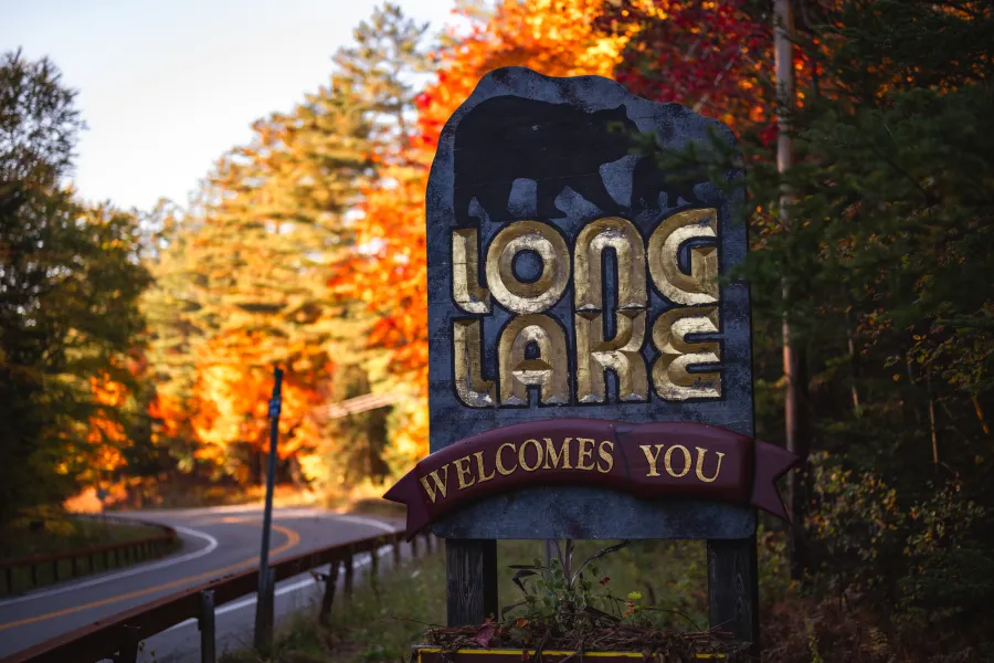 The Long Lake welcome sign in the fall.