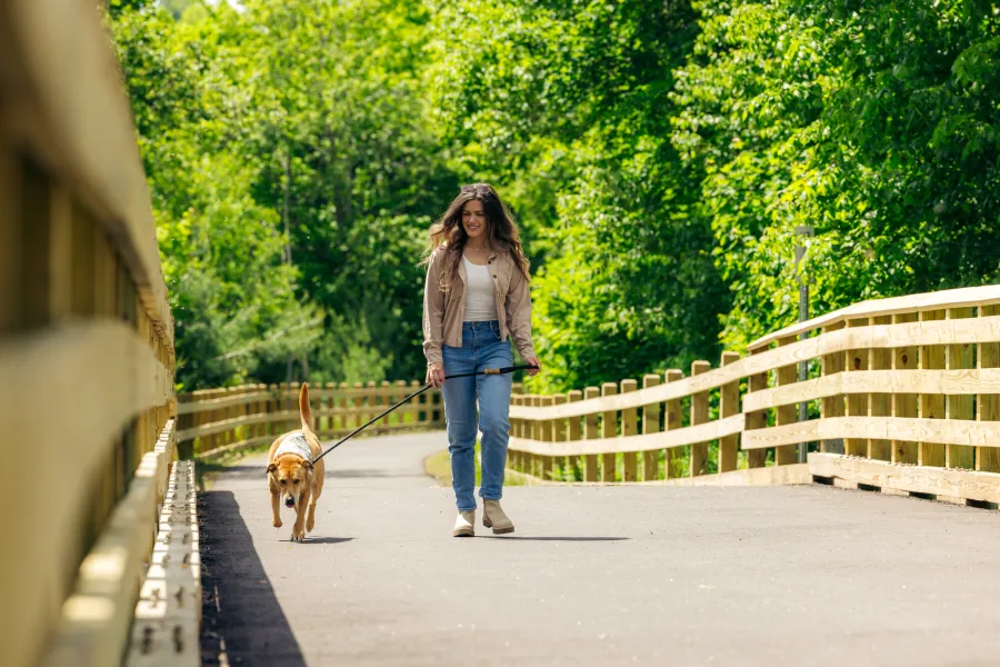A woman walking her dog on a rail trail