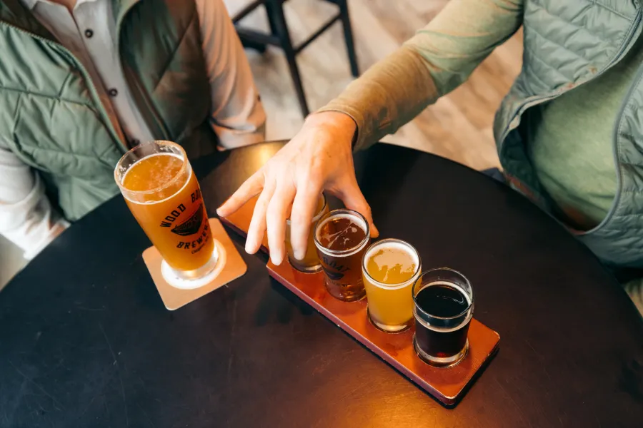 A beer flight at a brewery