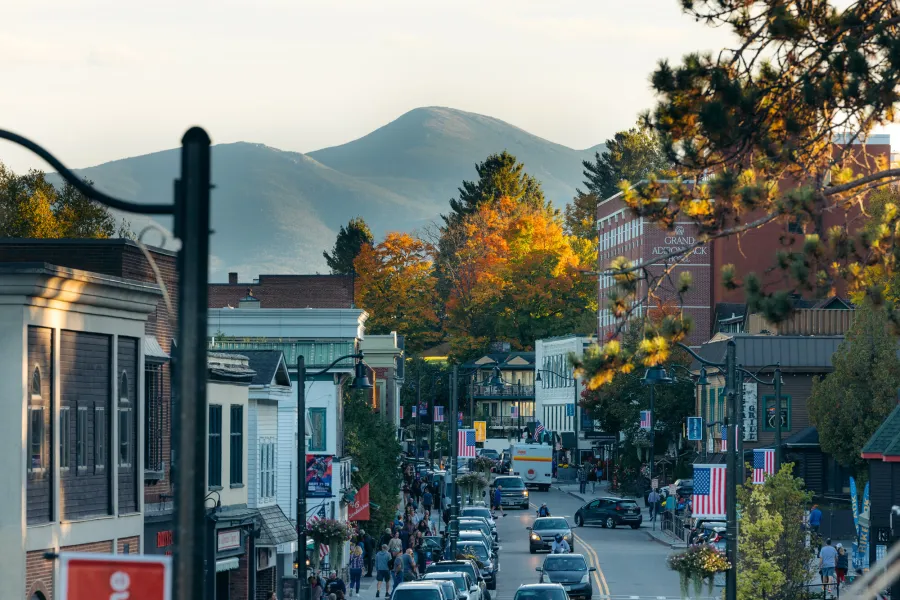 Main Street Lake Placid with mountains in the background