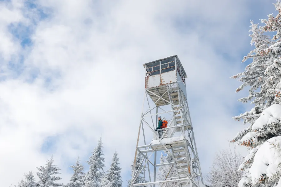 A snowy fire tower hike in Hamilton County.