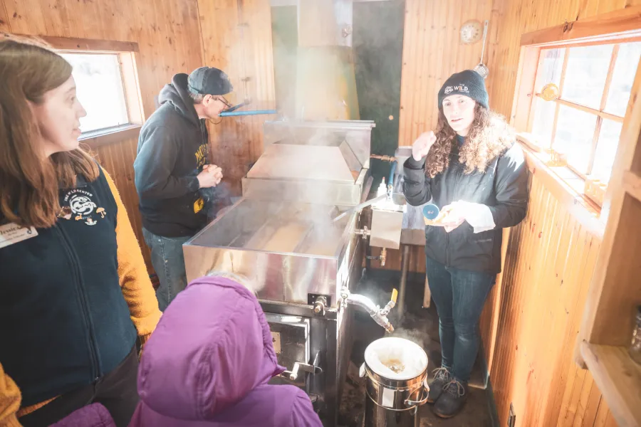 People learning about a maple sugaring operation in a sugar shack