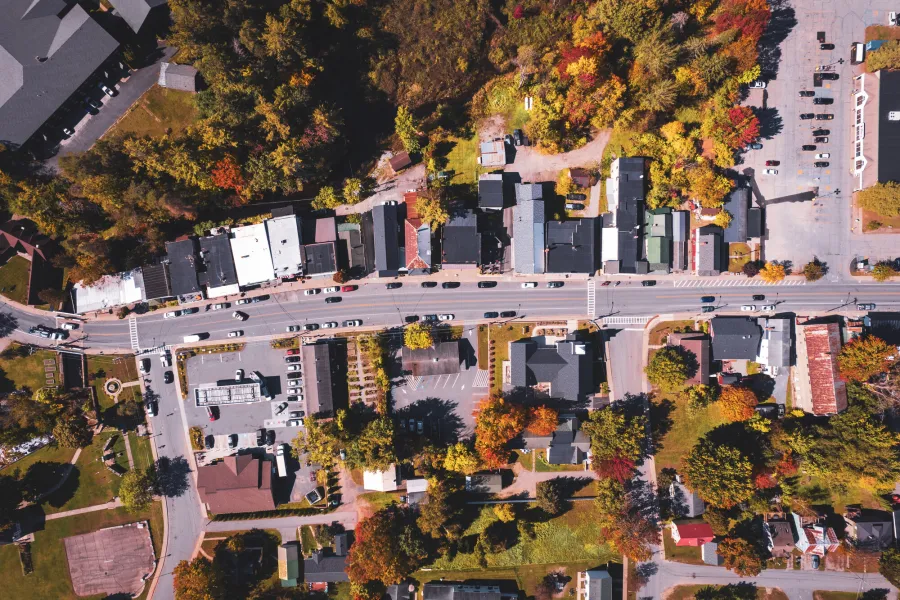 Aerial view of a main street in the fall