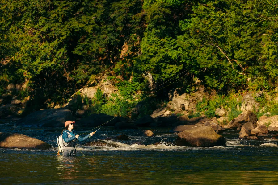 A woman fly fishing in a river