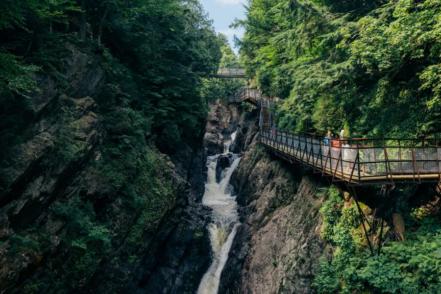 A family walking a boardwalk above a gorge