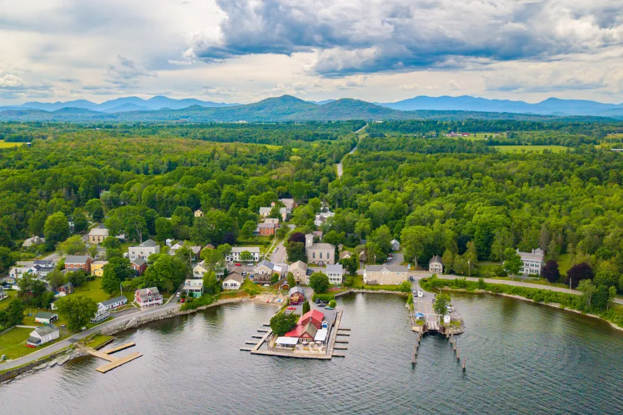 Aerial view of a lakeside village