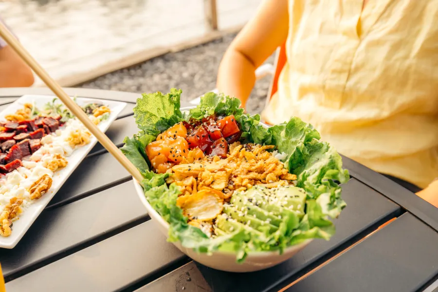 A salad at a lakeside restaurant