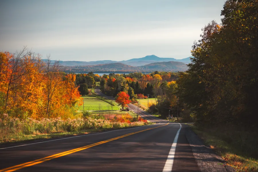 A road leading to a fall scene with mountains and a lake in the background. 
