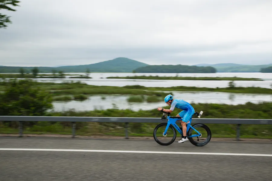 A cyclist competing in the Tupper Lake Tinman