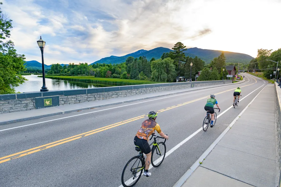 Cyclists on a bridge in Wilmington, NY