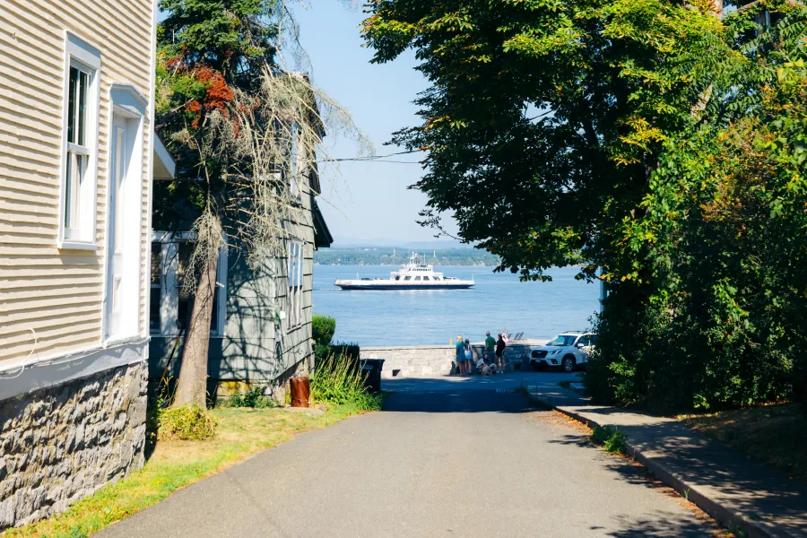 A view through a side road to Lake Champlain.