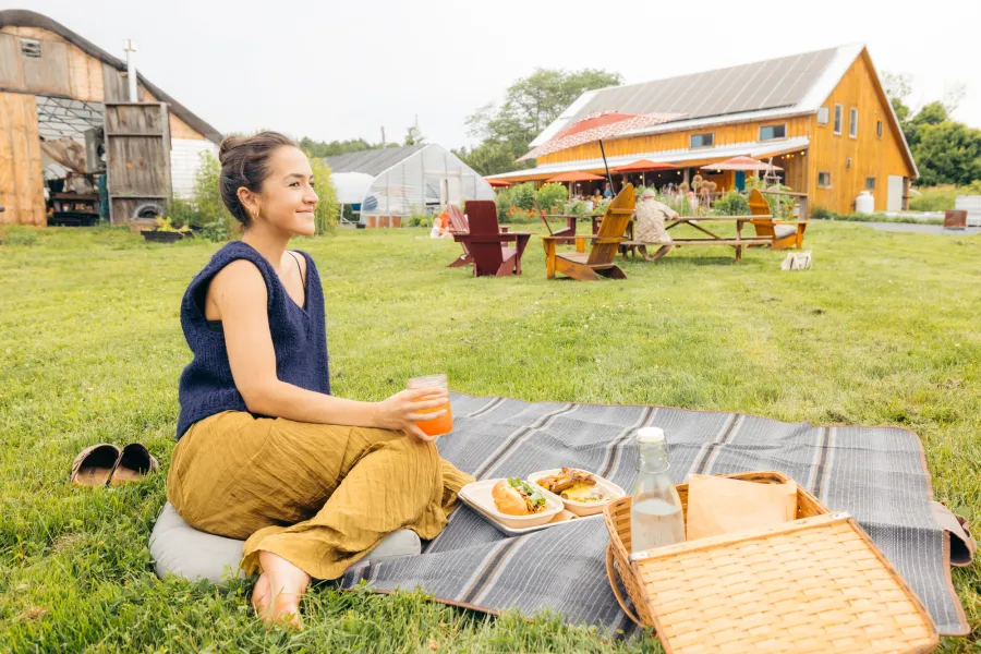 A woman having a picnic at a farm.