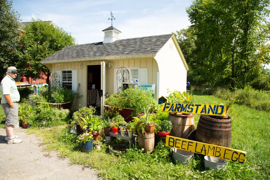 A man stands next to a farmstand. 