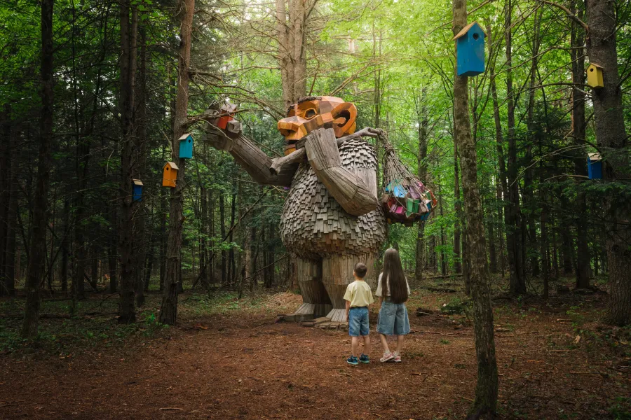 Two children look up at a wooden troll statue in the woods. 