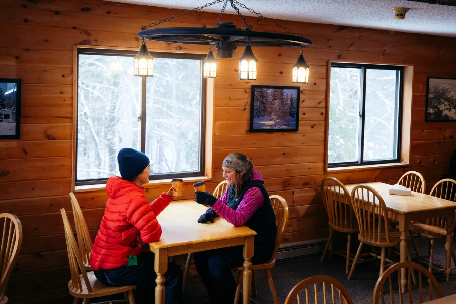 Drinking coffee at Lapland Nordic Ski Center.